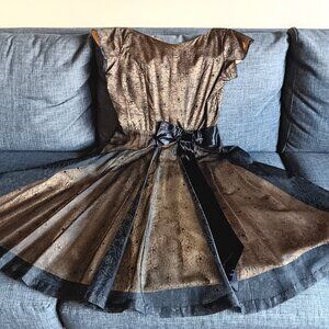 Vintage Gold and Black 1950s 1960s Formal Party Dress Floral Cap Sleeves Midi